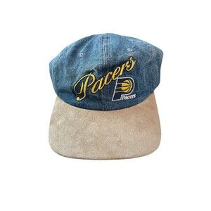 VTG Indiana Pacers Denim Hat Lee Sport Beige Bill Leather Strap Basketball